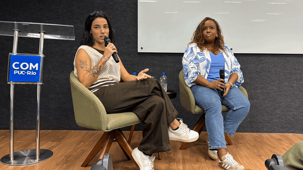 Rafaela Alegria e Lívia Caroline Neves trazem experiências e bastidores da comunicação esportiva. Crédito: Malu Carvalho