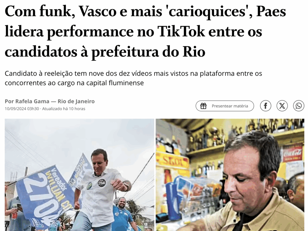 Com funk, Vasco e mais 'carioquices', Paes lidera performance no TikTok entre os candidatos à prefeitura do Rio.
