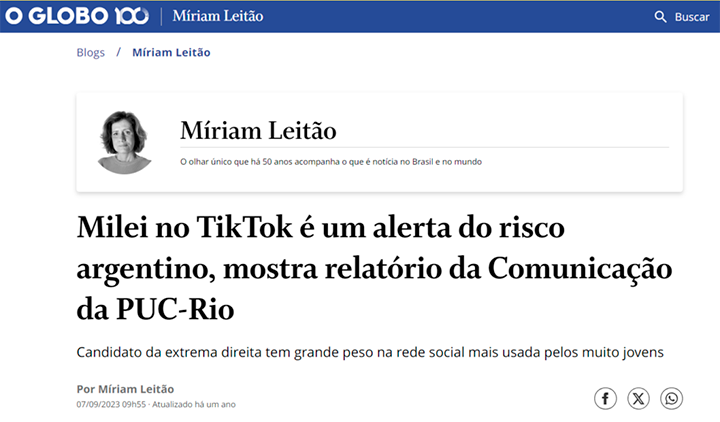 Recorte - Pesquisa do NuTec é citada em coluna de Miriam Leitão / O Globo 