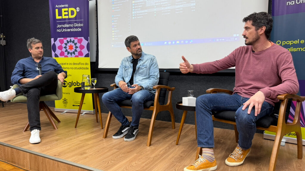 Miguel Jost, Marcelo Courrege e Pedro Vedova durante palestra. Foto: LabCOM Criação e produção.