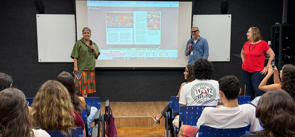 Cristina Martins, coordenadora do JB em Folhas, Diogo Maduell e Lilian Saback, a partir da esquerda. Foto: LabCOM Criação e Produção.