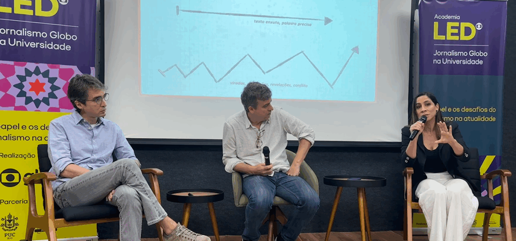 Caio Cavechini, o professor Miguel Jost e Julia Duailibi durante encontro que discutiu produção de documentário. Crédito: LabCOM Criação e Produção. 
