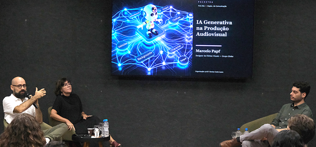 Marcelo Papf (à esquerda) comentou os desafios de trabalhar com IA, durante a palestra com alunos do DCOM. Foto: Alícia souza